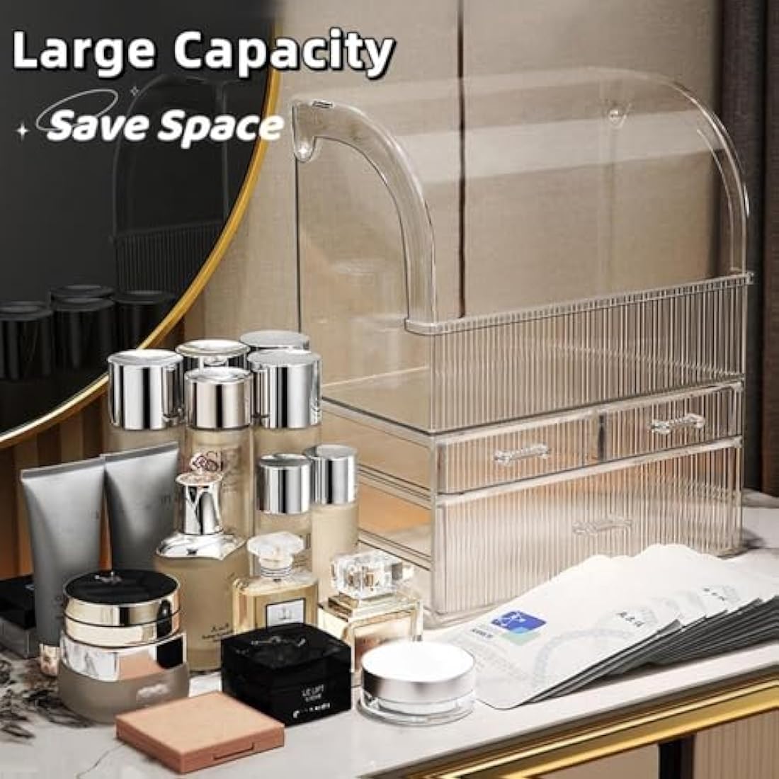 Suyoo Makeup Storage Organiser, XL Large Acrylic Cosmetics Organizer Skincare Display Case with Drawers and Waterproof Cover for Countertop, Bathroom, Dresser(Black-XL)