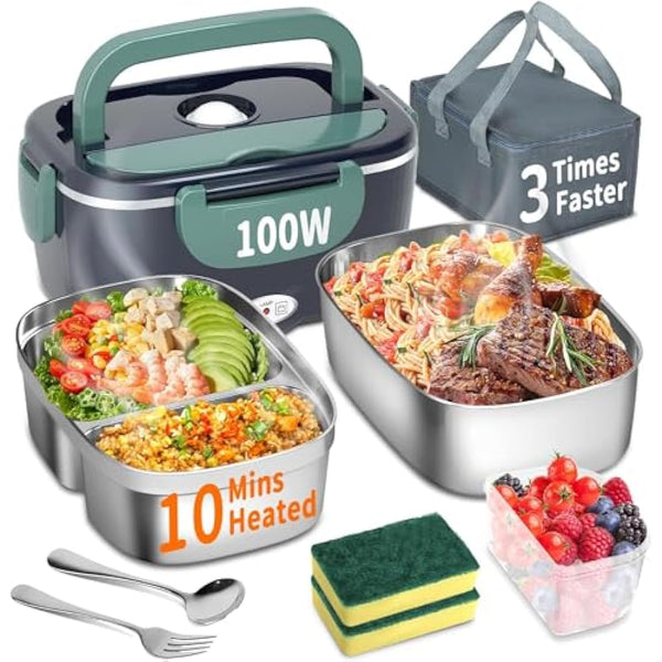 Electric Heated Lunch Box 100W - 3-in-1 Fast Heating Lunch Boxes Portable for Adults, 12V/24V/220V with 2 Pack Containers (Single & Compartment) for Car Truck Office (3 Times Faster), Navygreen