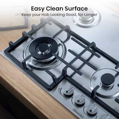 Hisense GM773XF 75cm 5 Burners Built-in Gas Hob with Easy Clean Surface, Wok Burner - Stainless steel