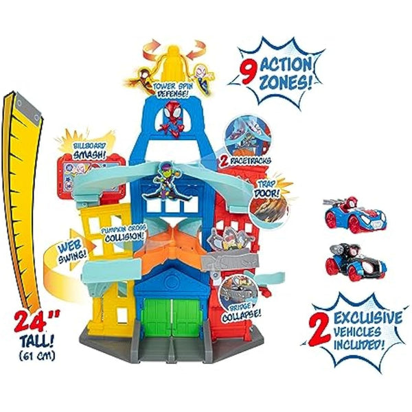 Marvel's Spidey and his Amazing Friends 24-Inch Tall Amazing Metals City Track Set-Two 3-Inch Exclusive Die-Cast Vehicles Included-Superhero Toys for Kids 3 and Up