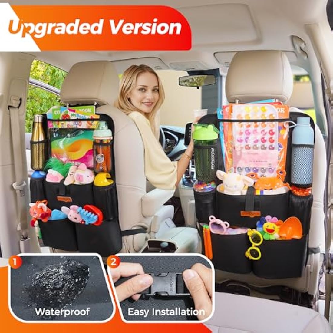 SURDOCA UPGRADED Car Seat Organiser for up to 11-inch Tablet Holder, 8 Pockets, Kids Toy Storage, Water Proof Back Seat Protector for Kids