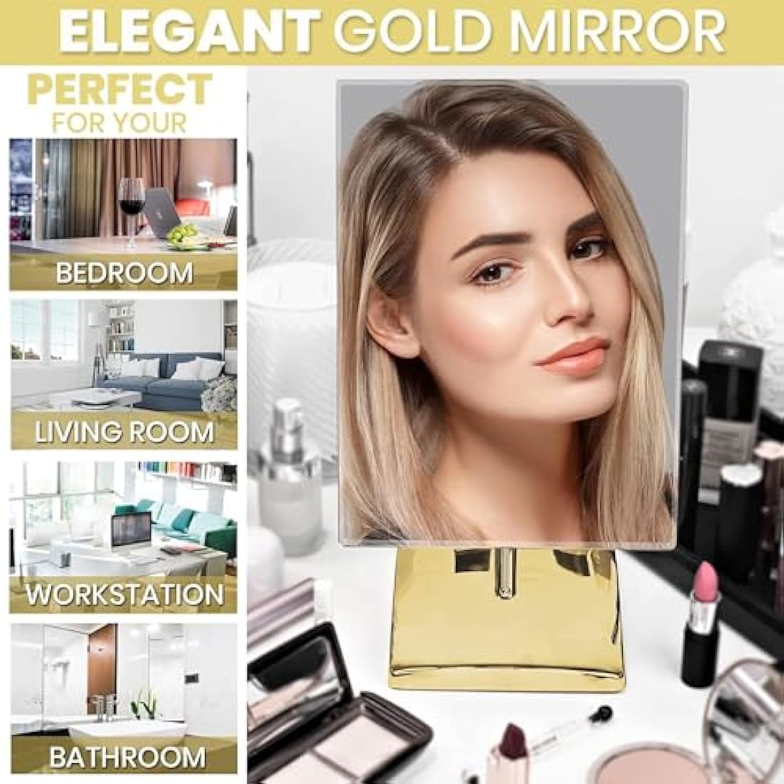 Gold Large Free Standing Mirror for Bathroom Countertop, Dressing Table and Vanity Set - Classic Face Mirror For Makeup and Shaving - 25 x 18cm (Gold)