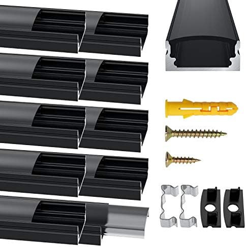 Jirvyuk LED Aluminum Channel, 10 Pack 1m/3.3ft Led Diffuser Strip and Profile for LED Strip Lights with Black Cover Indoor, End Caps and Metal Mounting Clips - (U Shape)