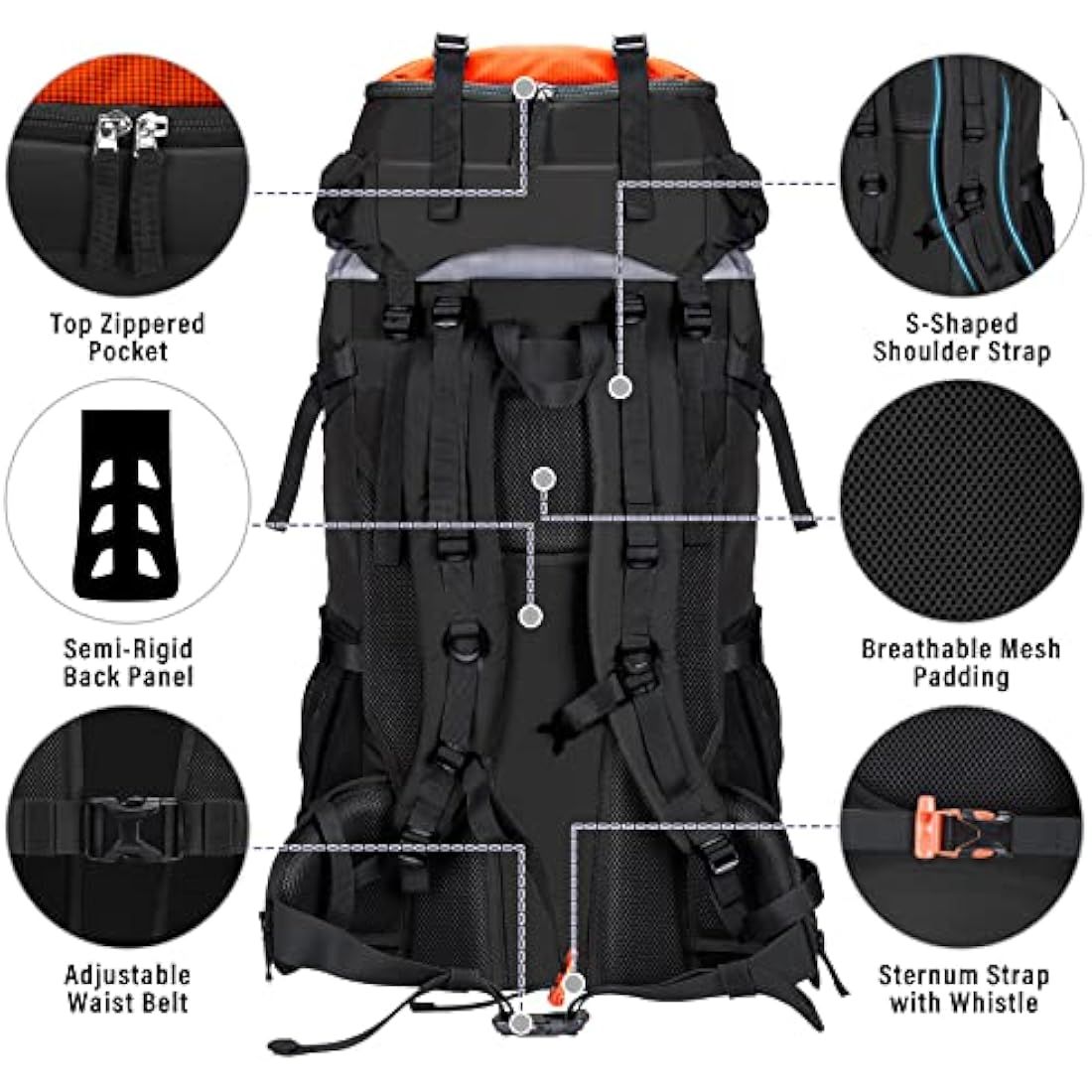 HOMIEE Hiking Backpack for Men Women, 60L Waterproof Rucksack with Rain Cover, Large Travel Backpack for Outdoor Sports Trekking Skiing Camping, Orange (LB6001)