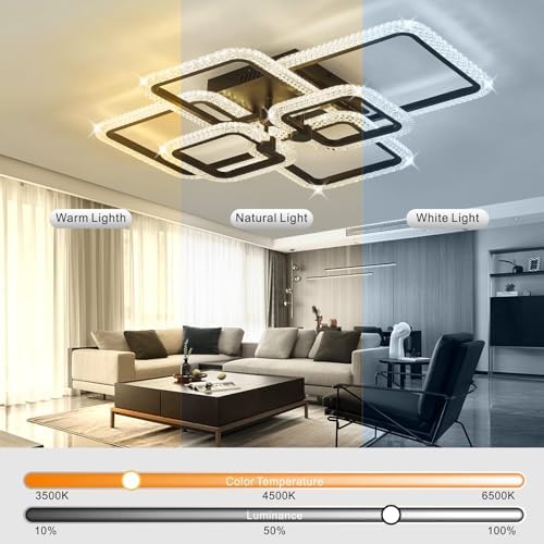 HIHIHOMY Modern LED Ceiling Lights for Living Room, Crystal Led Ceiling Light for Dining Room,Dimmable with Remote Ceiling Lamps for Kitchen,Black Flush Mount Led Ceiling Light with 6 Square Frame