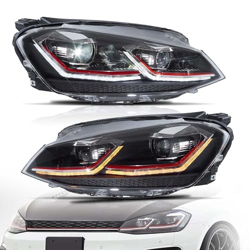 VLAND Headlights Compatible with Golf 7 MK7 TDI TSI 2013-2017, Front Lights with Sequential Indicator, Red Line Headlamps