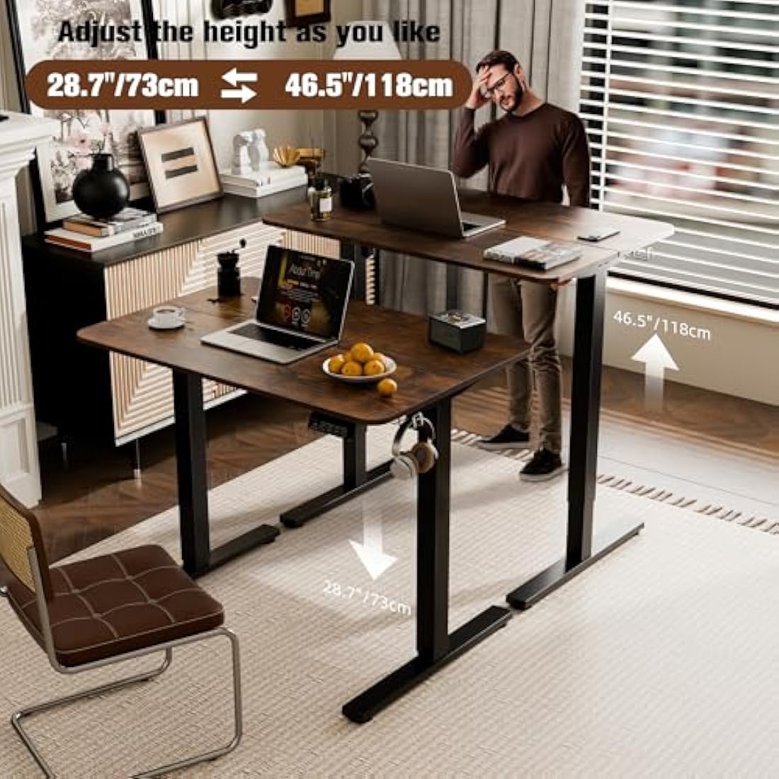 ERGOMAKER Electric Standing Desk 90x60cm, Height Adjustable Sit Stand Desk with Memory Handset Hooks for Home Office(Rustic Brown)
