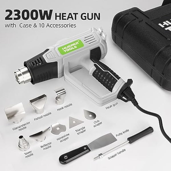 Heat Gun, Huepar Tools 2300W Professional Hot Air Gun 50℃-660℃ with Large Digital LCD Display Industrial Hot Air Gun Kit Variable Temp. Control, with 10 Accessories and Carry Case, Gift for Women, Men