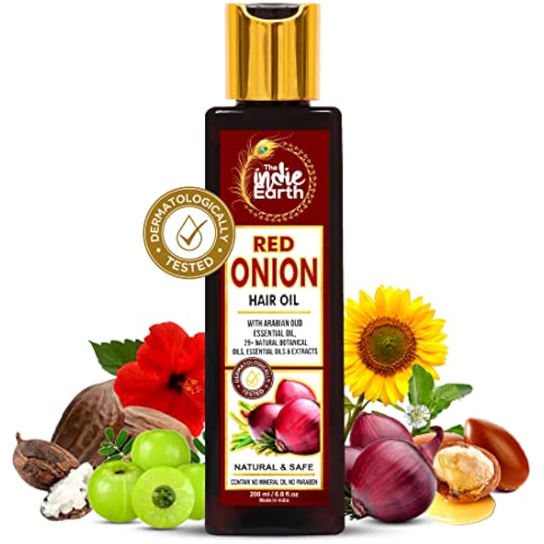 INDIE EARTH RED ONION HAIR OIL 200 ML - ANTI HAIR LOSS & HAIR GROWTH WITH BLACK SEED, CURRY LEAF, HIBISCUS BHRINGRAJ & 29+ NATURAL OILS & EXTRACTS