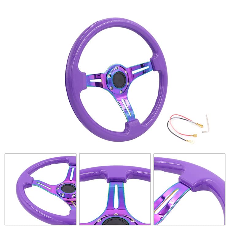350mm Green Racing Steering Wheel Neo Chrome Spoke Universal 6 Bolts 45mm Deep Dish Classic ABS Wood Steering Wheel with Horn Button