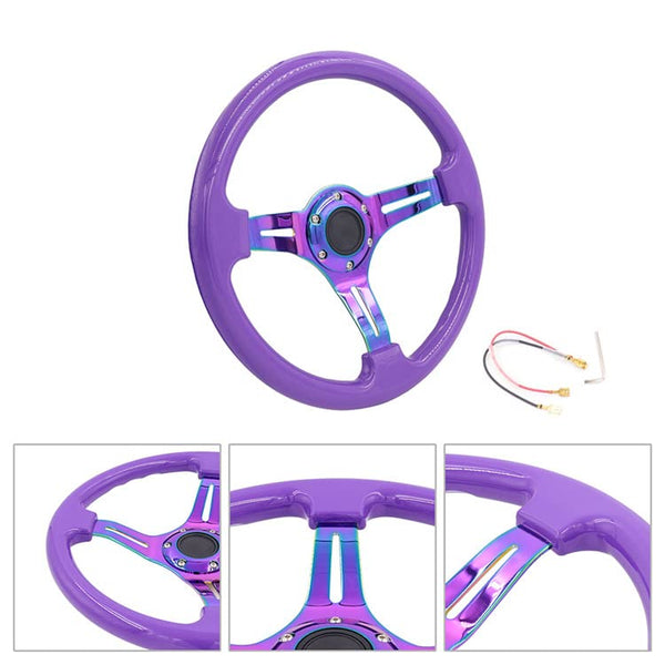 350mm Green Racing Steering Wheel Neo Chrome Spoke Universal 6 Bolts 45mm Deep Dish Classic ABS Wood Steering Wheel with Horn Button