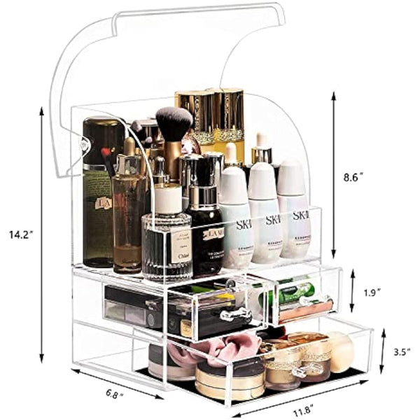 Suyoo Makeup Organiser Storage, X-Large Acrylic Clear Cosmetics Storage Display Case with Drawers, Perfume Makeup Organiser Box with Waterproof Cover for Counter, Bathroom, Dresser(Clear-XL)