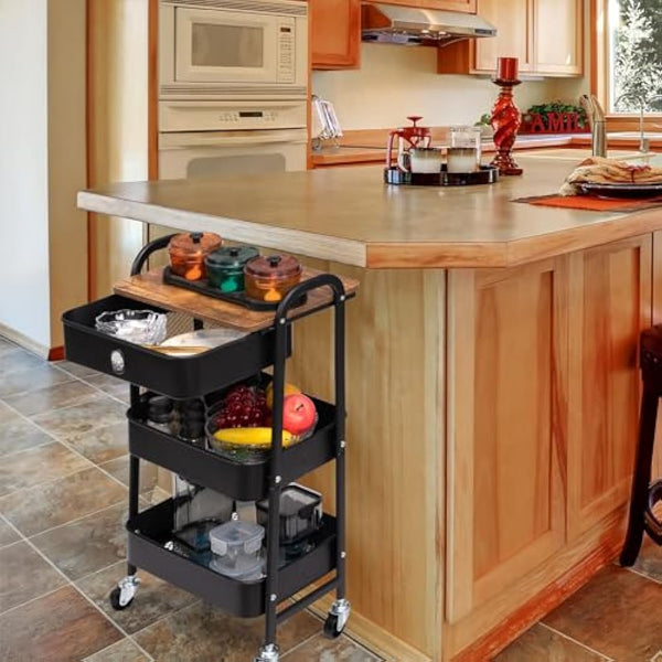 DOEWORKS Metal Storage Cart with Drawer, 3-Tier Trolley Cart on Wheels, Rolling Storage Trolley for Room, Bathroom, Office, Black