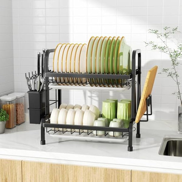 niffgaff 2 Tier Black Dish Drainer Rack, Stainless Steel Drying Rack Kitchen, Drainers Draining Board with Drip Tray, Rust Proof Large Washing Up Sink