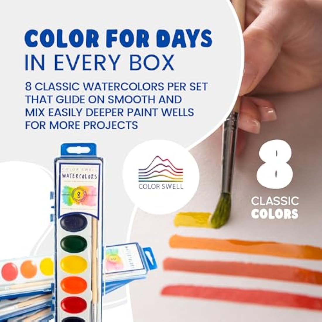 6 Set Watercolour Paint Pack with Wood Brushes 8 Colours Washable Water Colours Perfect for Kids Adults Parties Students Classroom Bulk by Color Swell