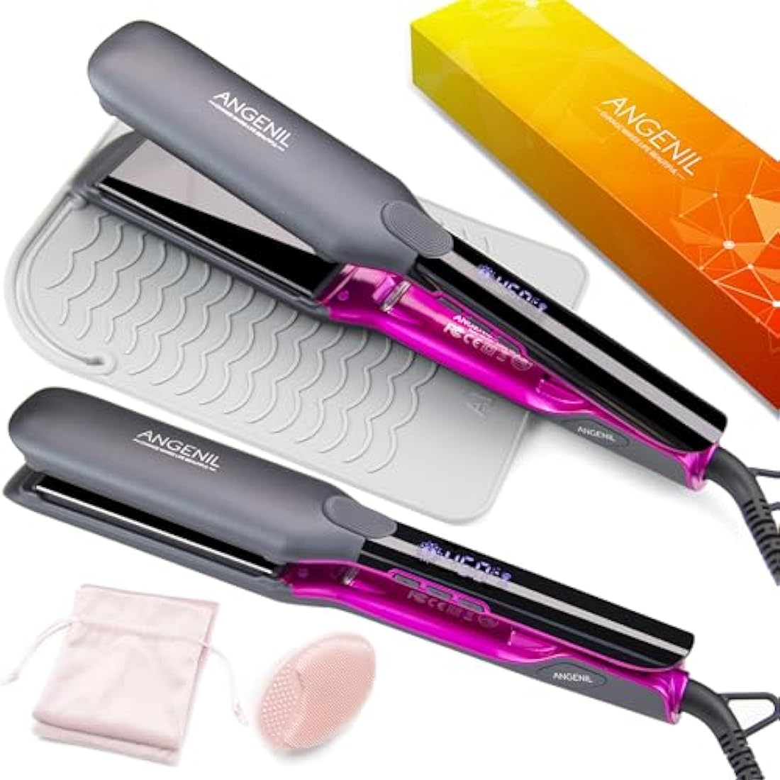 ANGENIL Pro Titanium Flat Iron Hair Straightener 4.5 cm Wide, Dual Voltage Hair Straightener and Curler 2-in-1 with Heat Resistant Silicone Mat, Adjustable Temp 160°C-240°C, 15s Fast Heating