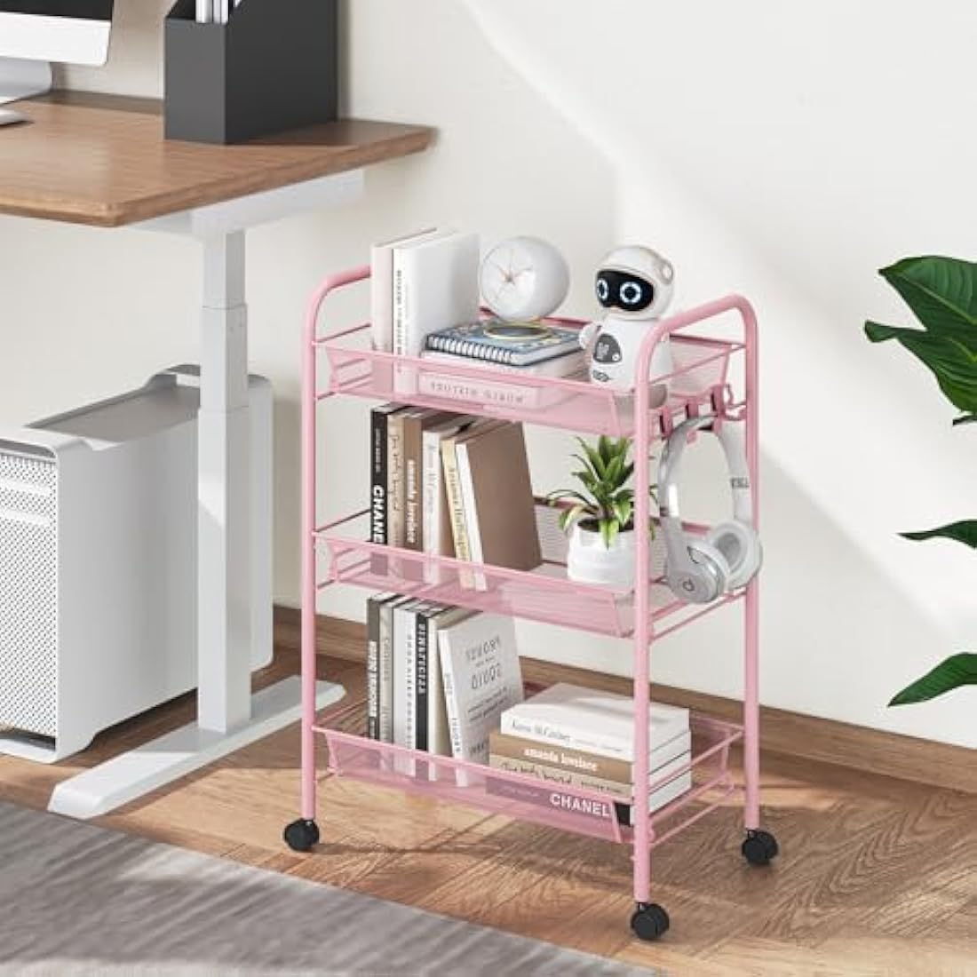 APEXCHASER 3-Tier Rolling Cart,Easy Assemble Mobile Storage Trolley On Wheels,Slide Out Utility Cart Shelving Units Kitchen Bathroom Laundry Room,Pink