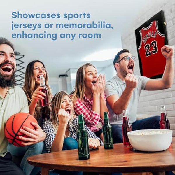 Schaukasten für Trikots, großer Objektrahmen, abschließbar, mit UV-Schutz, Acryl, Präsentation per Kleiderbügel oder Feststecken, für Baseball-, Basketball-, Fußball-, Sport-Trikots, schwarz lackiert