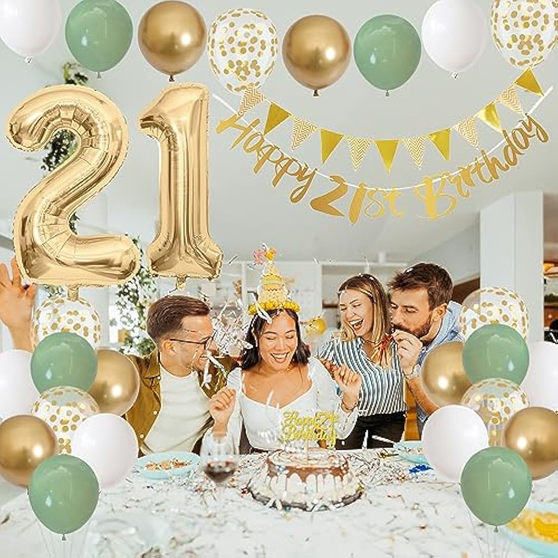 Jobkoo 21st Birthday Decorations Him Her, Happy 21st Birthday Banner w/ Birthday Cake Topper Number 21 Foil Balloon Sage Green White Gold Birthday Balloons Men Women 21 Year Old Party Decoration