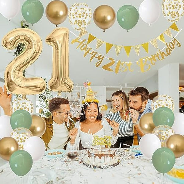 Jobkoo 21st Birthday Decorations Him Her, Happy 21st Birthday Banner w/ Birthday Cake Topper Number 21 Foil Balloon Sage Green White Gold Birthday Balloons Men Women 21 Year Old Party Decoration