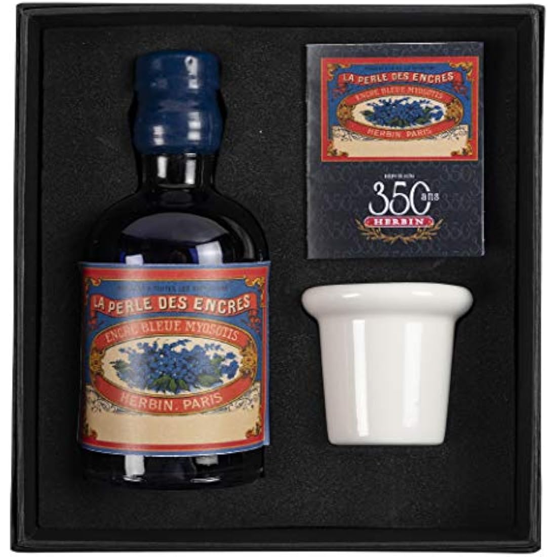 Jacques Herbin - Ref 27915T - 100ml Bottle of 'Special 350 Years' Ink with Inkwell Box & Porcelain Inkwell - Bleu Myosotis / Forget-Me-Not Blue - Blue-Coloured Ink