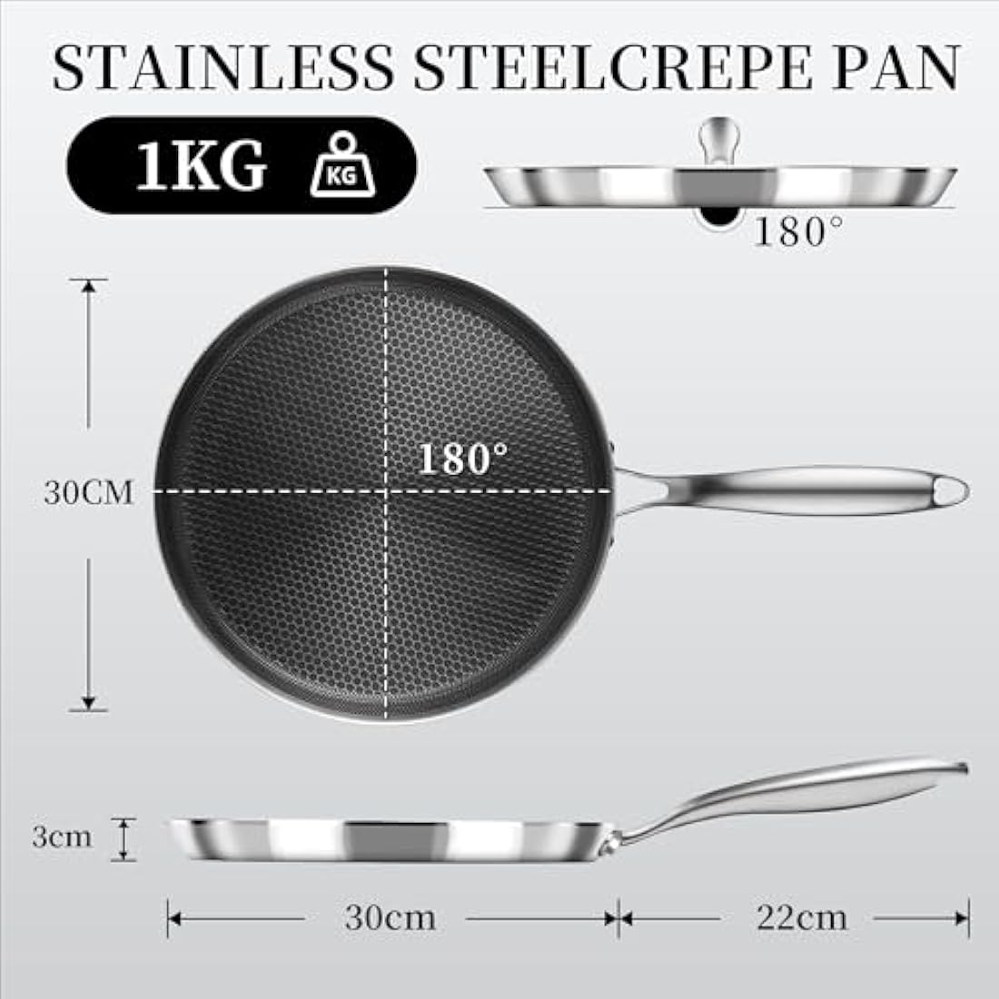 Innerwell Stainless Steel Crepe Pan 30 cm, Nonstick Stainless Steel Honeycomb Coating Pancake Pan, Non Stick Flat Skillet Tawa Dosa Tortilla Griddle Pan, Induction Compatible, PFOA Free