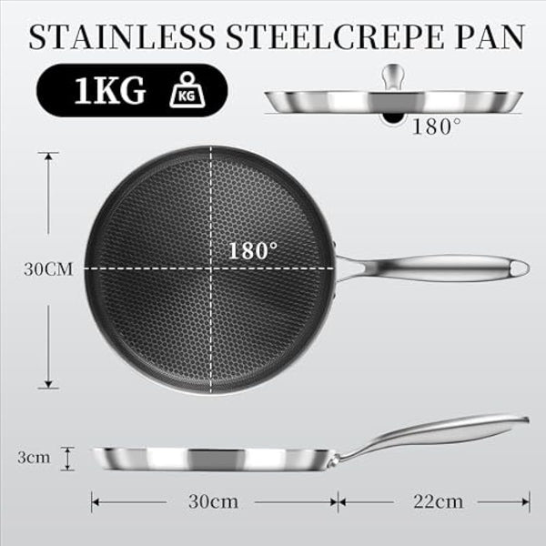 Innerwell Stainless Steel Crepe Pan 30 cm, Nonstick Stainless Steel Honeycomb Coating Pancake Pan, Non Stick Flat Skillet Tawa Dosa Tortilla Griddle Pan, Induction Compatible, PFOA Free