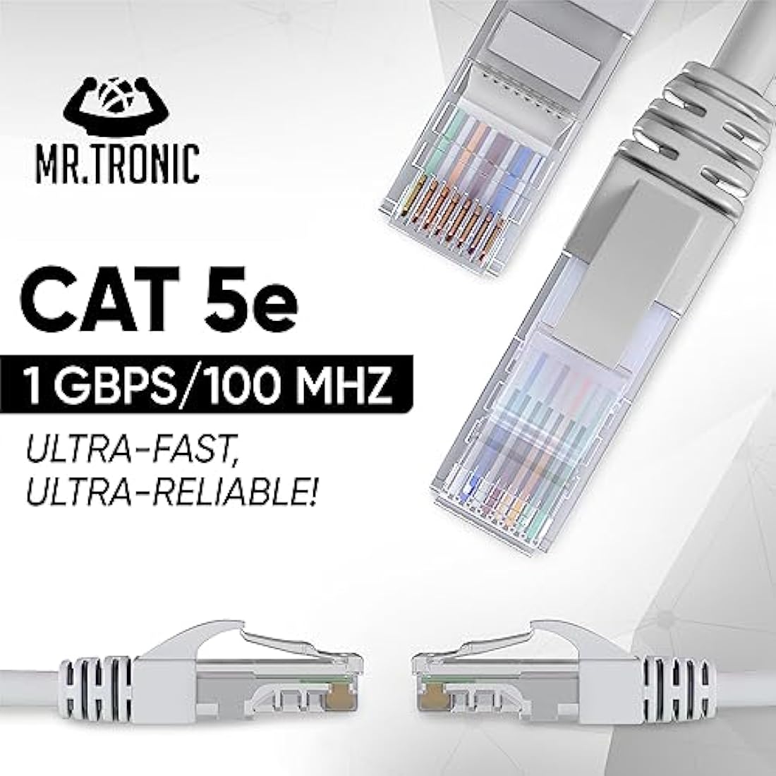 Mr. Tronic Grey Cat 5E Ethernet Cable 50m, High Speed LAN Ethernet Network Cable with RJ45 Ends Connectors, 50m Cat5E Internet 1 Gbps, ADSL AWG24 Patch, UTP CCA (50 Meters, Grey)