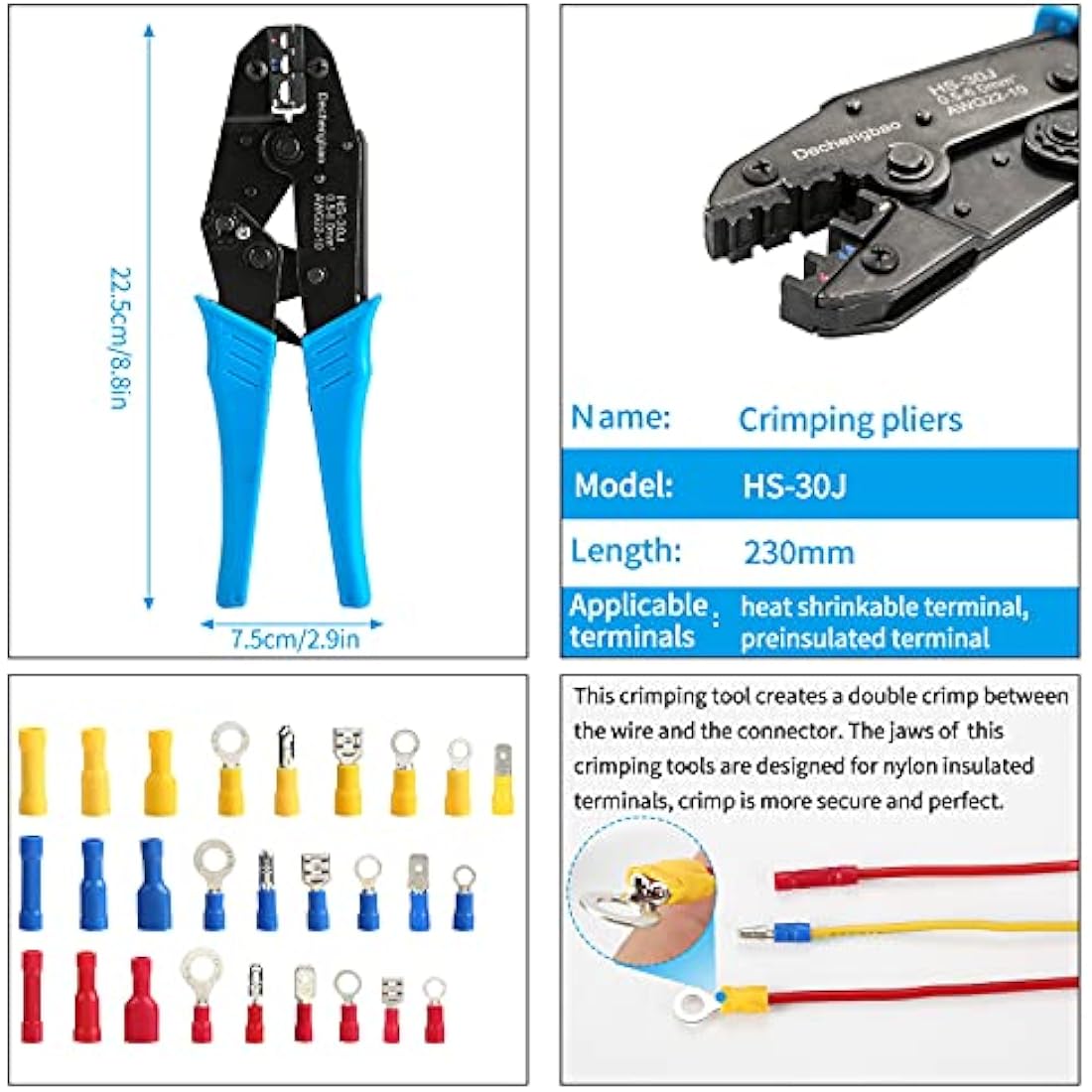 Insulated Wire Terminal Crimping Tool Kit, 0.5-6mm² Ratchet Crimping Plier, Cable Lug Pliers Electrician Crimping Tool Set with 700 Insulated Butt Bullet Spade Ring Crimp Connectors