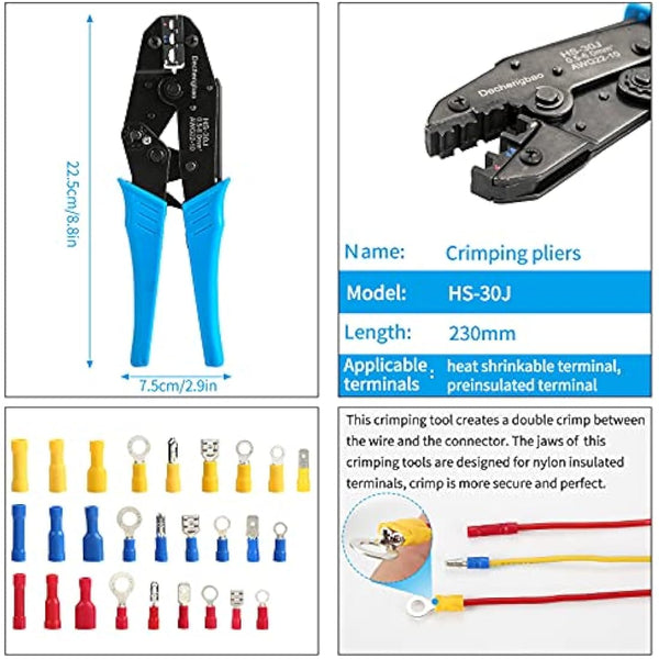 Insulated Wire Terminal Crimping Tool Kit, 0.5-6mm² Ratchet Crimping Plier, Cable Lug Pliers Electrician Crimping Tool Set with 700 Insulated Butt Bullet Spade Ring Crimp Connectors