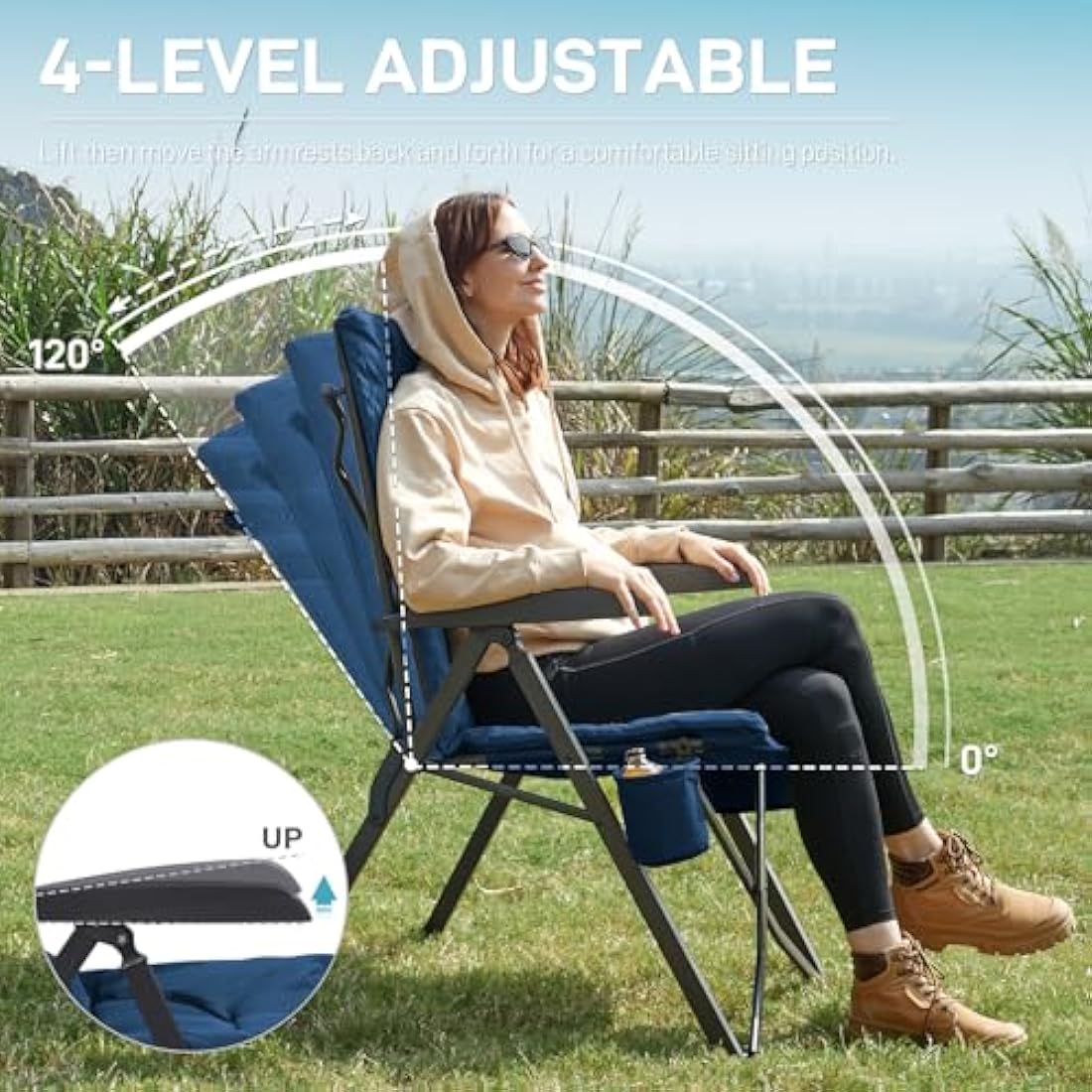 EVER ADVANCED Luxury Camping Chairs for Adults Heavy Duty High Back Oversized Folding Garden Chair Comfy Padded 6cm Loadable 150kg Camp Adjustable Dining Chairs 4-Position Recliner Deck Blue