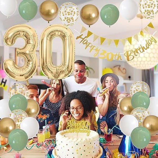 30th Birthday Decorations for Women Men, Happy Banner With Cake Topper Number 30 Foil Balloon, Sage Green White Gold Balloons for 30 Year Old Party Decoration