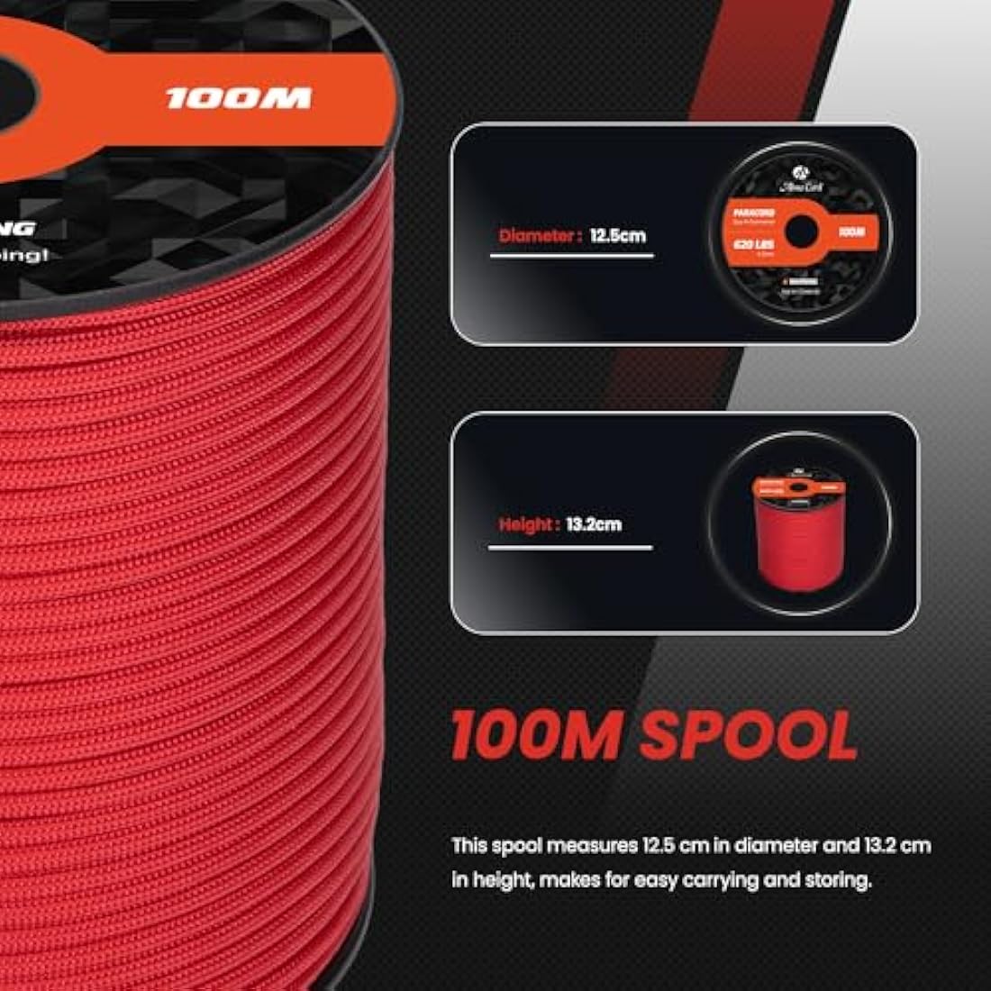Abma Cord Paracord 4mm 100m 100% Nylon Rope 9 Strands Type III Parachute Cord for DIY, Camping, Survival, Outdoor - Max. 280kg - Red