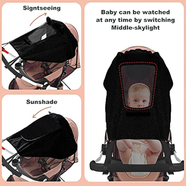 Universal Buggy Pram Sunshade, Hantoc Pram Baby Sun Shade Sun Cover with Viewing Window for Strollers Pushchairs UV Protection Water Resistant Black