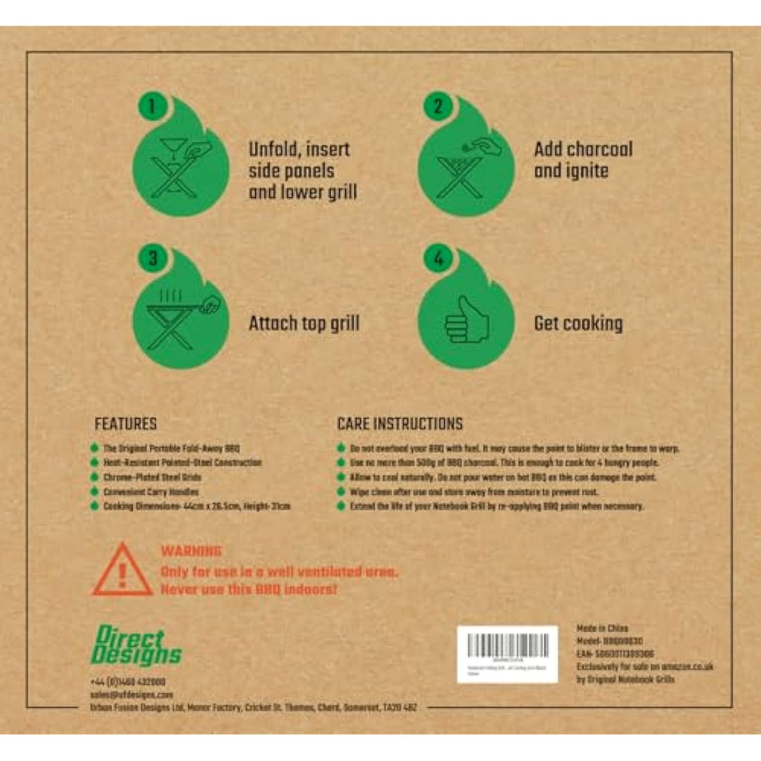 Direct Designs - Notebook Folding Grill - Portable Picnic BBQ with Chrome Plated Cooking Grid (Black)