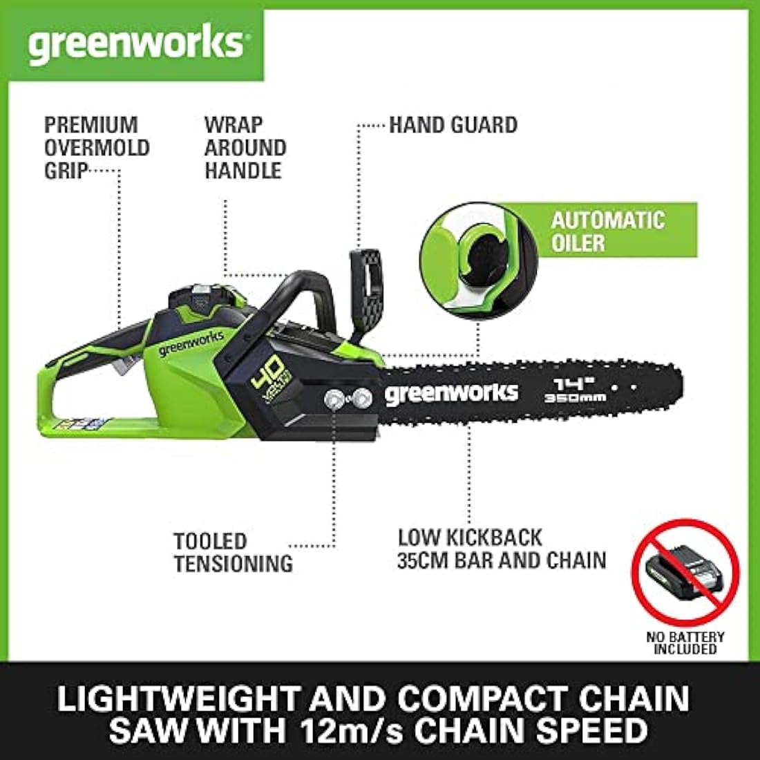 Greenworks GD40CS15 Cordless Chainsaw with Brushless Motor, 14 Inch (35cm) Bar Length, 12m/s Chain Speed, 3.5kg, Auto-Oiler, Kickback Protection WITHOUT 40V Battery & Charger