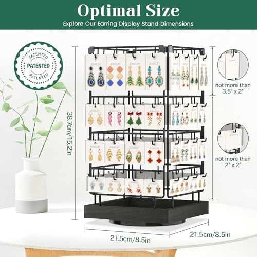 EsLuker.ly Rotating Earring Display Holder Stand for Vendors Events Selling, Large Capacity 64 Hooks Jewelry Rack with Wooden Base for Earring Card Sales, Enhances Retail Visibility (Black+Black)