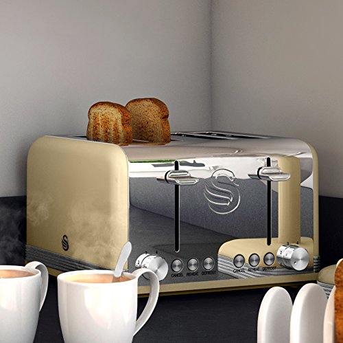 Swan ST19020GRN Retro 4-Slice Toaster with Defost/Reheat/Cancel Functions, Cord Storage, 1600W, Retro Grey