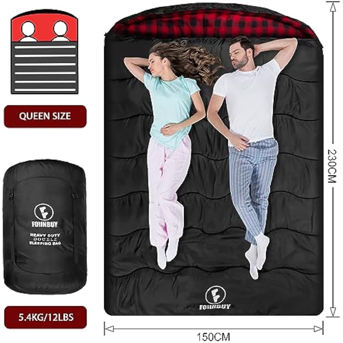 FORINBUY Winter Cotton Flannel Double Sleeping Bag for Adults - 0 degree Queen Size 2 Person Sleeping Bag, Waterproof & Warm for Cold Weather, Ideal for Couples, Family Camping & RV Travel