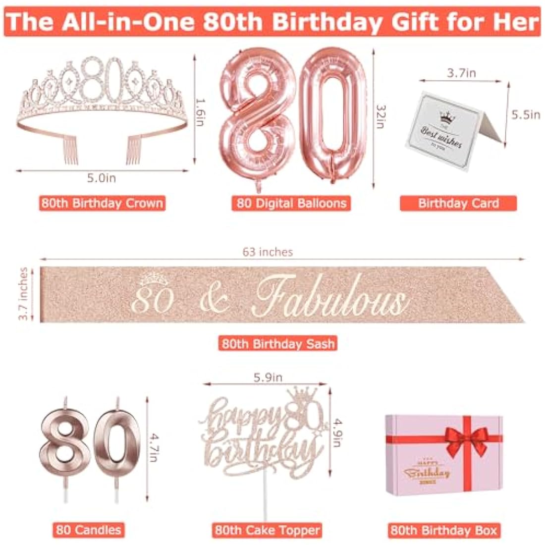 Amosking 80th Birthday Decorations for Women, Including 80th Birthday Sash and Tiara, Cake Topper and Candles, Rose Gold Number Balloons, 80 Year Old Gifts for Women