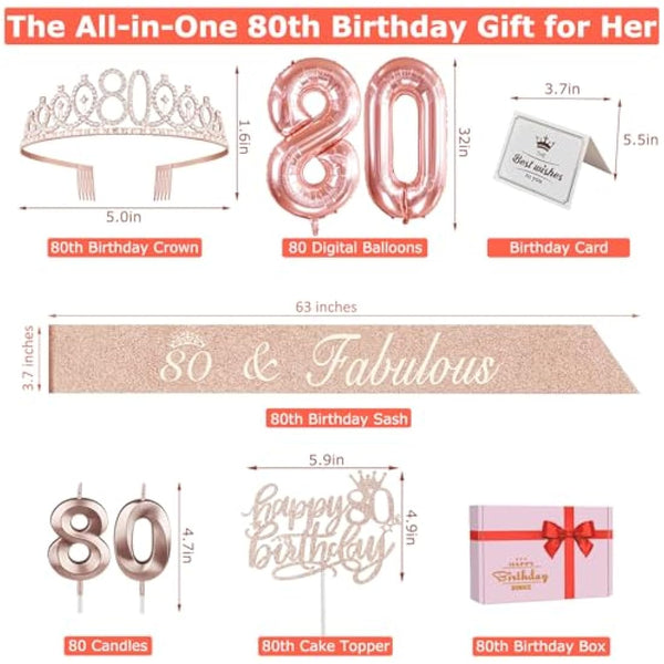 Amosking 80th Birthday Decorations for Women, Including 80th Birthday Sash and Tiara, Cake Topper and Candles, Rose Gold Number Balloons, 80 Year Old Gifts for Women