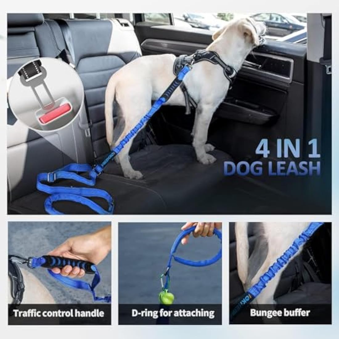 IOKHEIRA Bungee Dog Leash, Anti Pull Dog Leads with Car Seat Belt Buckle, Reflective Thread Dog Leads with Traffic Control Handle, Adjustable Dog Leash for Small Medium Large Dogs