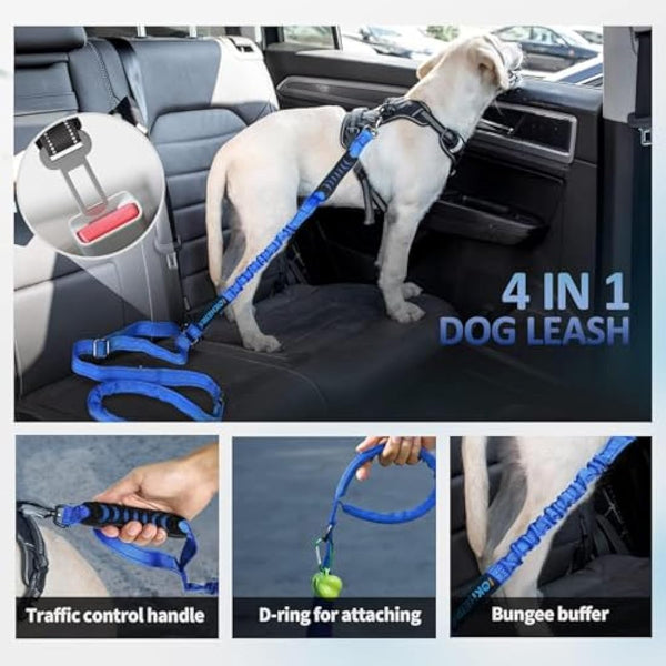 IOKHEIRA Bungee Dog Leash, Anti Pull Dog Leads with Car Seat Belt Buckle, Reflective Thread Dog Leads with Traffic Control Handle, Adjustable Dog Leash for Small Medium Large Dogs