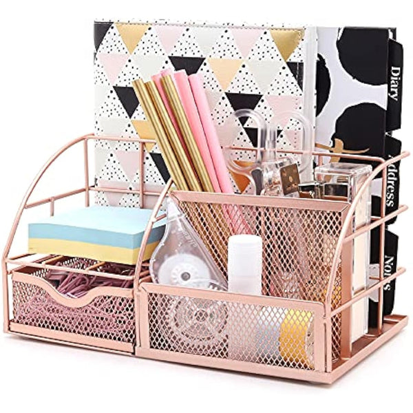 EXERZ Desk Organiser/Mesh Desk Tidy Caddy/Pencil Holder Multifunctional with 7 Compartments - Rose Gold