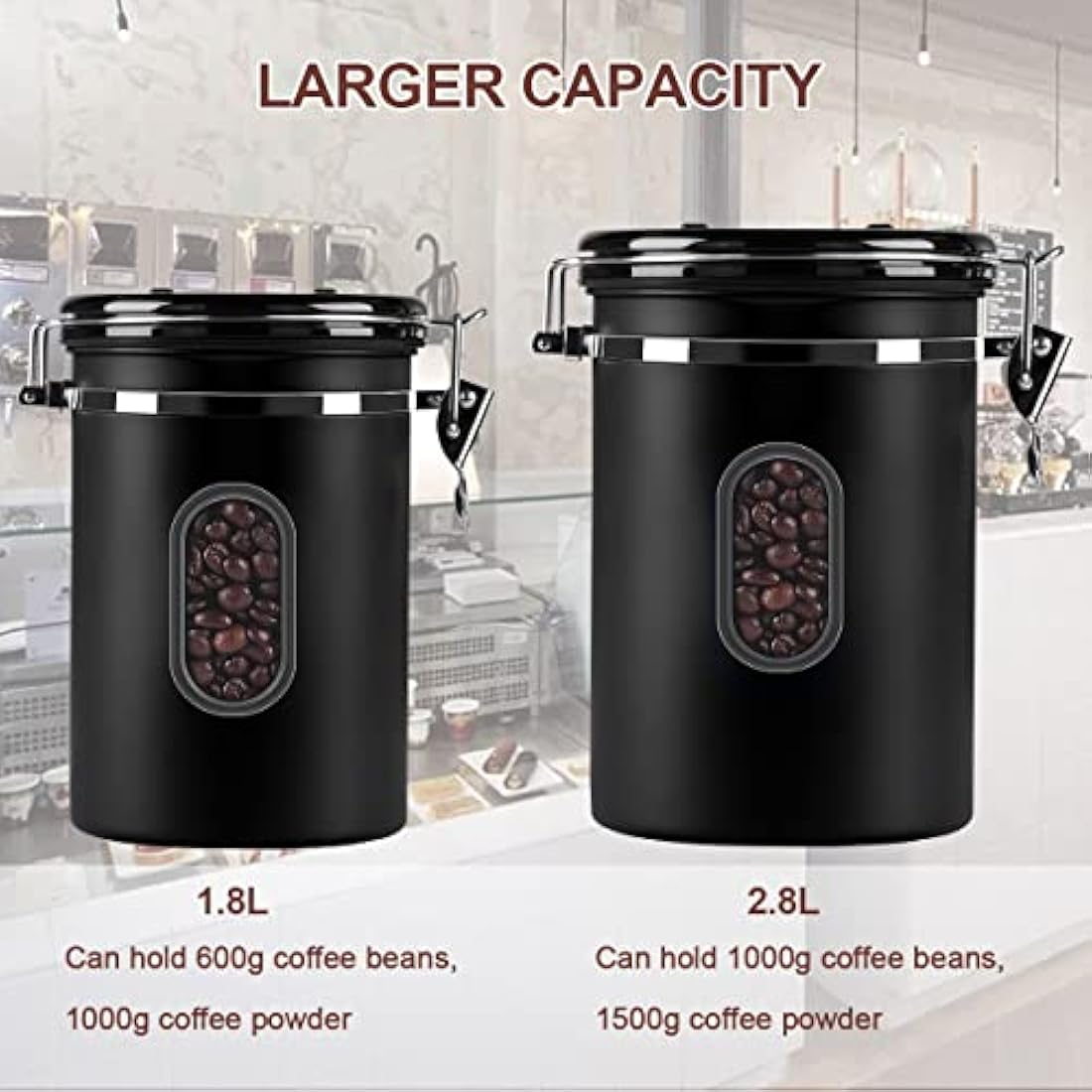 2800ML Airtight Coffee Canister with Date Tracker and Transparent Window, 35OZ Coffe Beans Storage with 30ML Measure Spoon&4 co2 Valve, Coffee Container for Grounds Coffee, Beans, Tea, Sugar, Flour