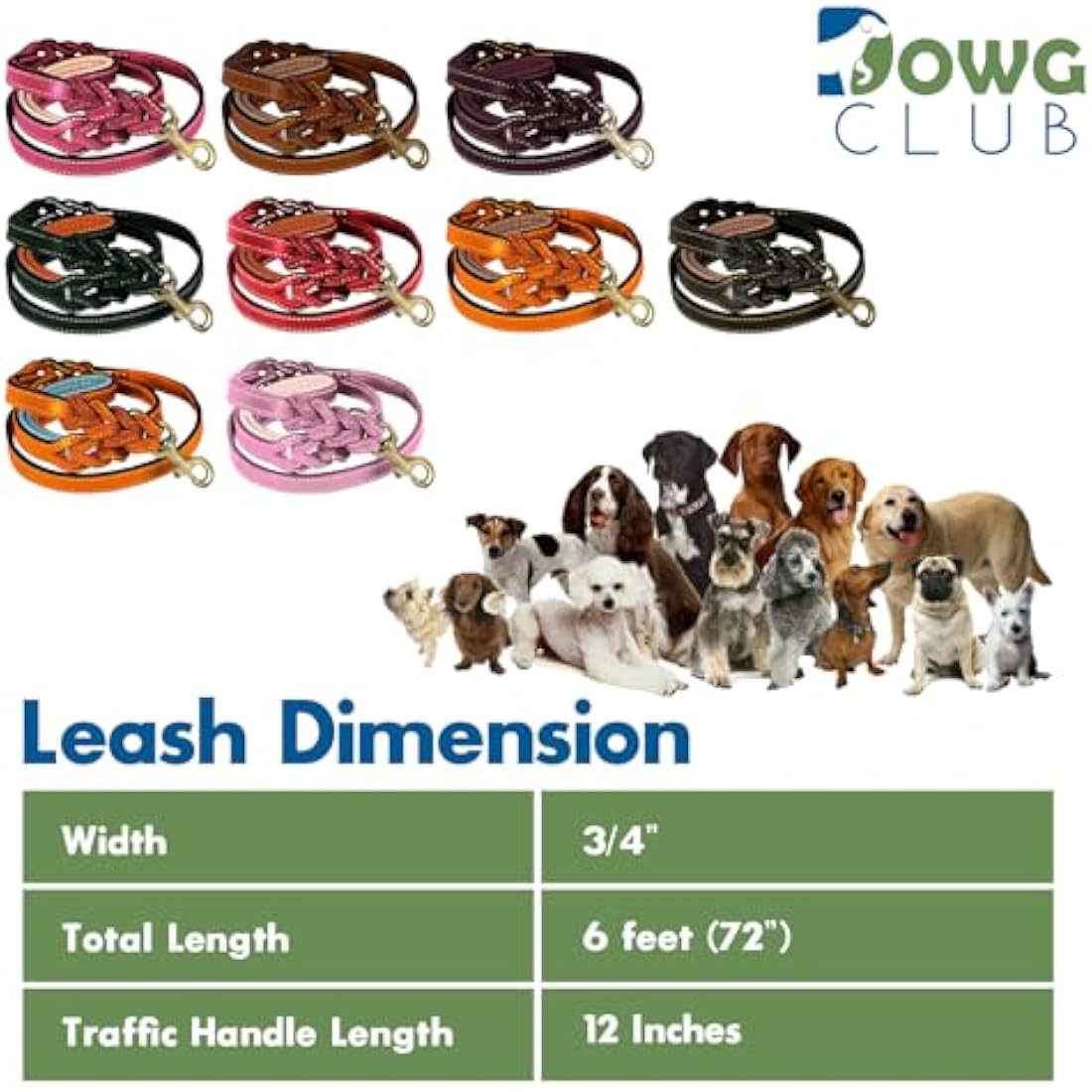 DowgClub | 6' Genuine Leather Dog Leash | Heavy Duty, Handmade, Braided, Strong | for Medium, Large, X-L Dog | Dual Handle Design, Padded & Traffic, DRing | Black, Brown, Cherry, Tan (6 feet, Cherry)