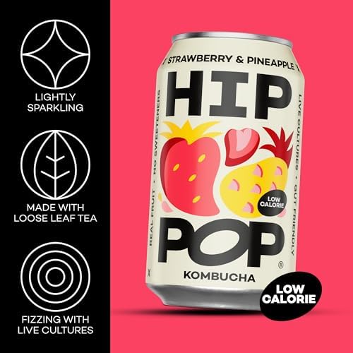 Hip Pop Kombucha, Strawberry & Pineapple, Low Calorie, 100% Natural, Vegan, Branding of Cans May Vary, 24 x 330 ml