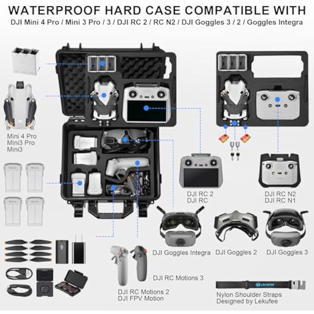 LEKUFEE Waterproof Hard Case for DJI Mini 4 Pro,DJI Mini 3 Pro,Mini 3 Drone,DJI RC 2/RC N2/N1,DJI Goggles 3(NOT for Goggles N3)/2/Integra,DJI RC Motion 2/3 and Accessories(Case Only)