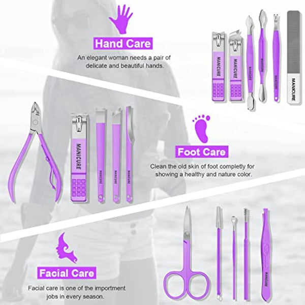 Manicure Set Professional Nail Clippers Pedicure Kit, 16 pcs Stainless Steel Nail Care Tools Grooming Kit with Luxurious Travel Leather Case for Thick Nails Men Women Gift (Violet)