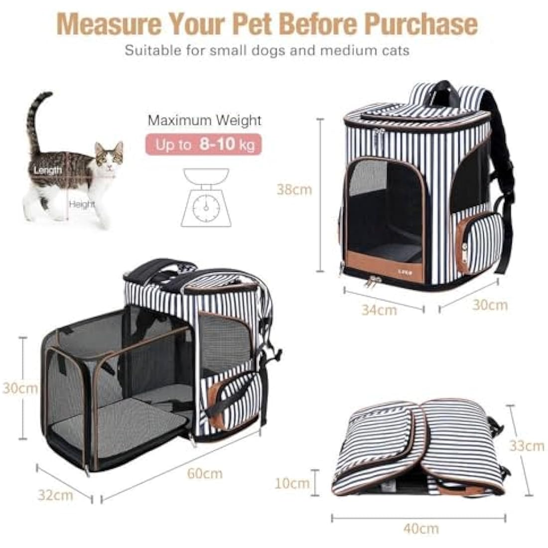 Lekesky Expandable Cat Carrier Backpack - Portable Breathable Rucksack for Medium and Small Cats & Dogs, Foldable with Inner Escape-proof Leash and Pet Mat, Supports 20 lbs (Striped)